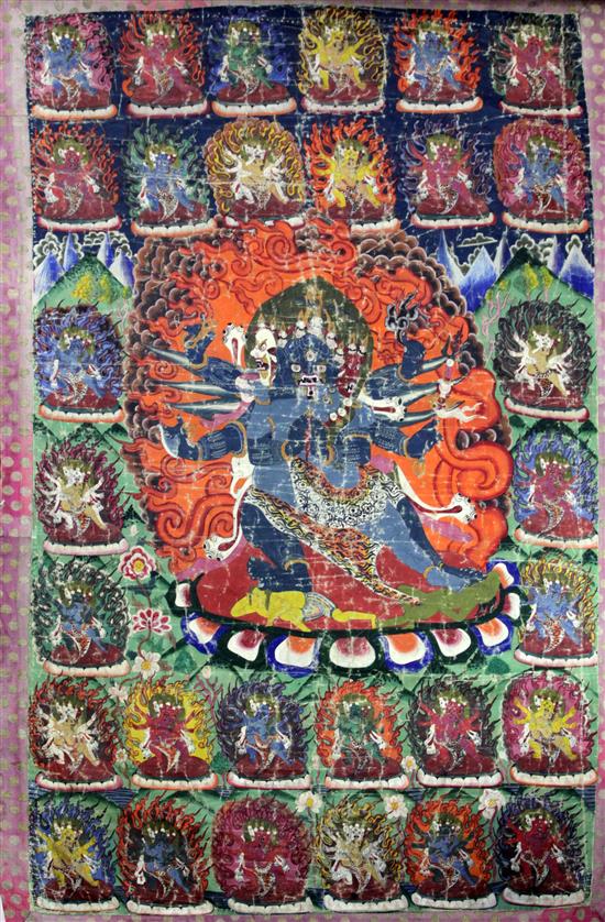 A Tibetan painted silk thangka, 19th century, 135 x 89cm incl. borders